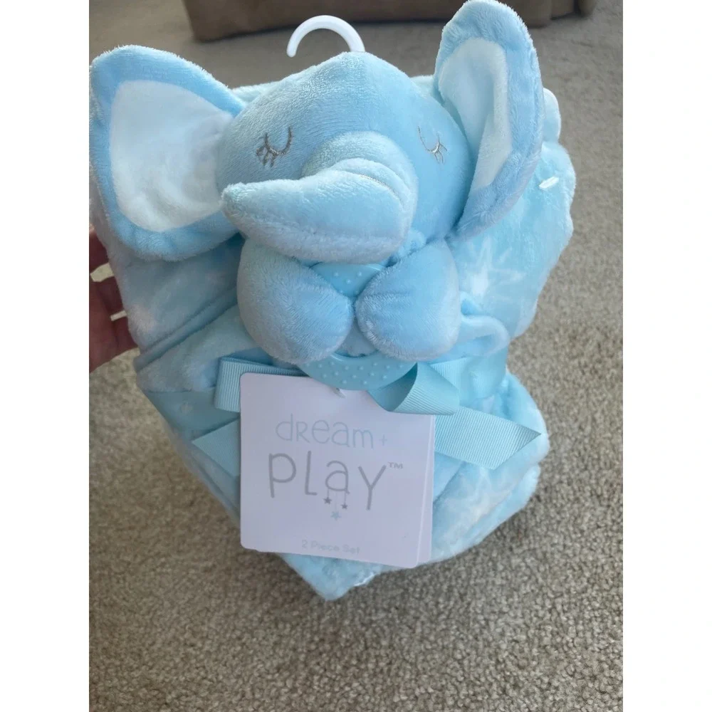 Dream + Play Baby 2-Piece Set Blue Elephant Security Blanket Teether Star Fleece